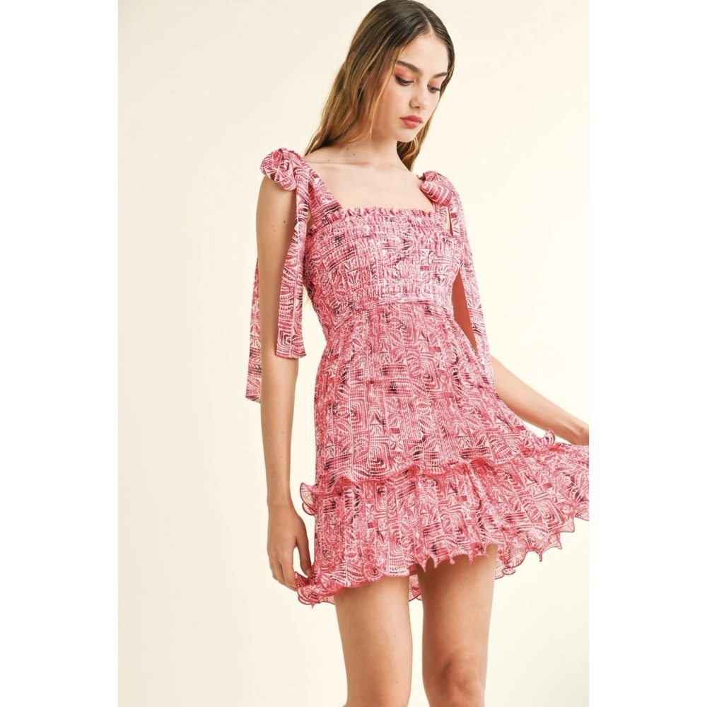 NWT Reset By Jane Giana Dress M Ruffle Pleated Mini Skirt Smocked Chiffon $146